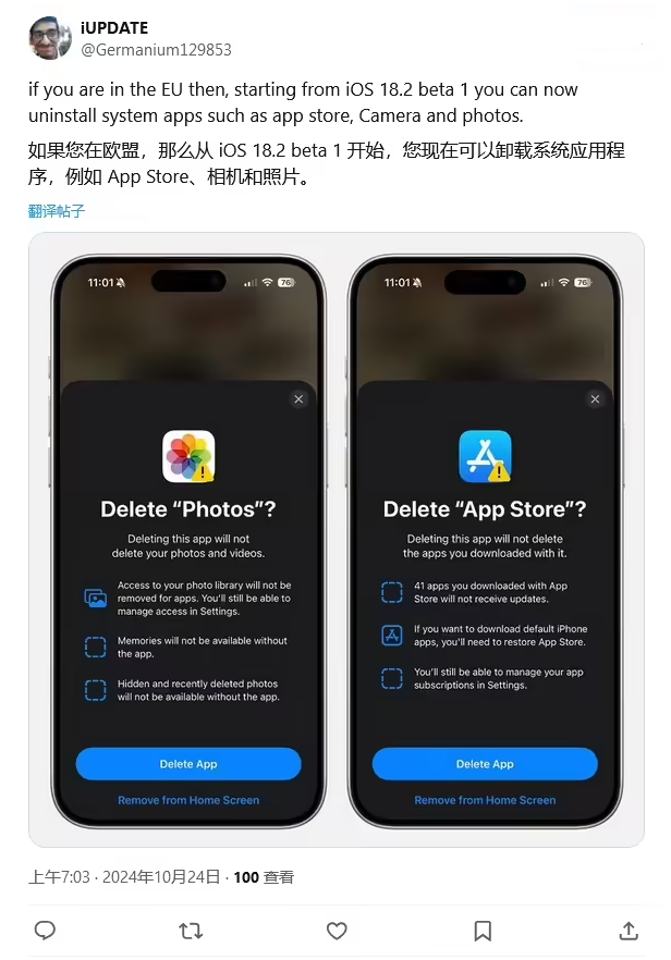 双桥苹果手机维修分享iOS 18.2 支持删除 App Store 应用商店 